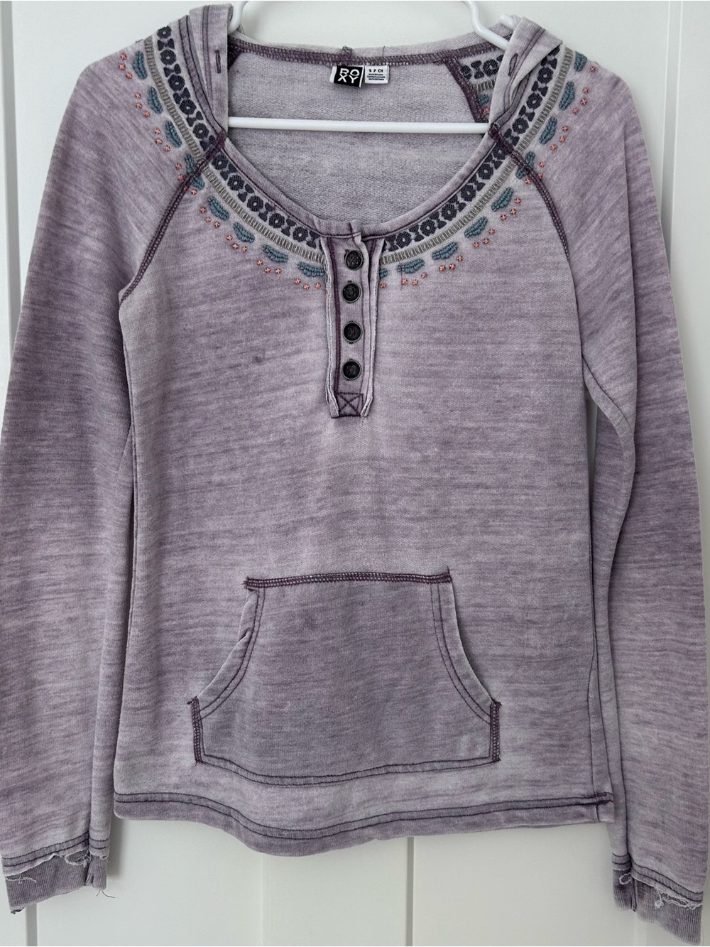 Roxy Distressed Soft Lavender Henley Hoodie Top